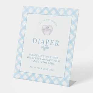 Expositor En L Rótulo Baby Shower Blue Gingham Diaper Raffle