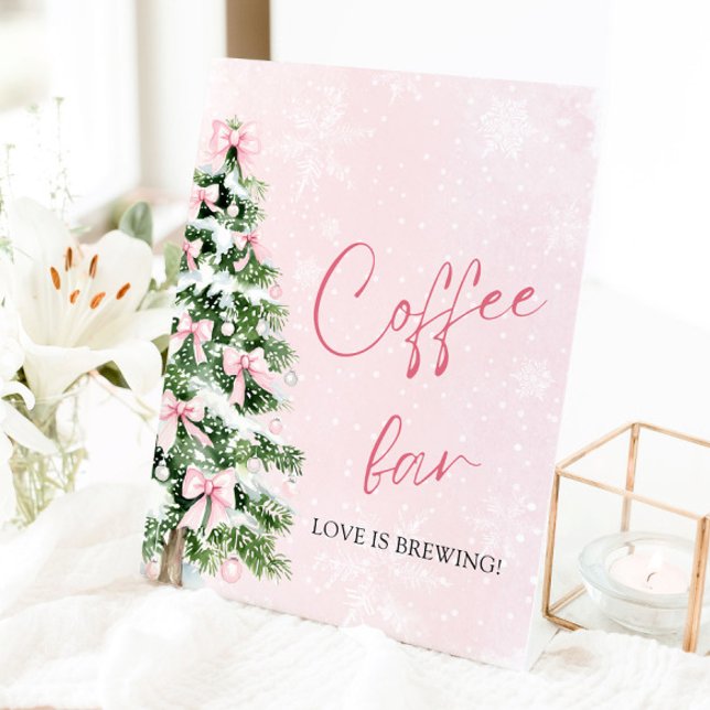 Expositor En L Rótulo de bar cafetería con copas de nieve arbol d (Pink Bows Christmas Tree Snowflake Coffee Bar Sign)