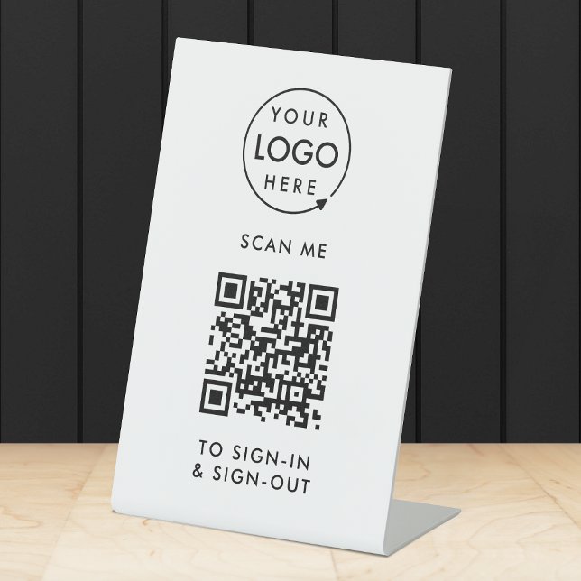 Expositor En L Rótulo de código QR | Recepción de empleados visit (Interactive QR code sign-in  sign-out tabletop signage with your company logo.)