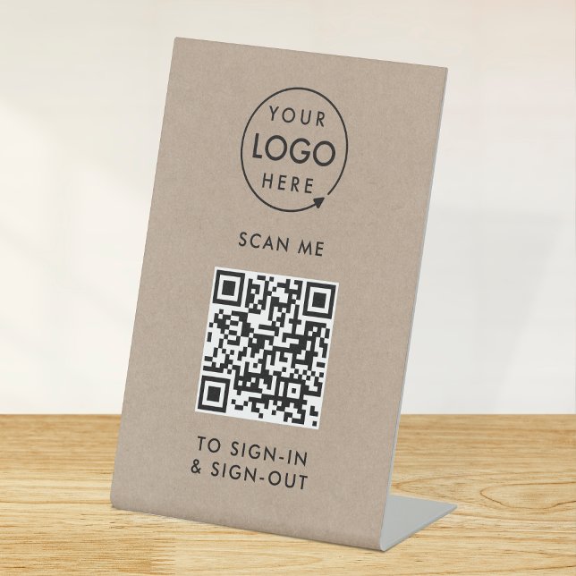 Expositor En L Rótulo de código QR | Recepción Rusitc Kraft para  (Interactive QR code sign-in  sign-out tabletop signage with your company logo.)