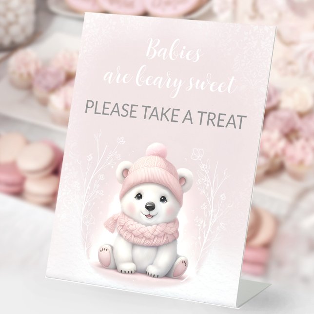 Expositor En L Rótulo de Favor Pedestal para Oso Polar Rosa (Pink Polar Bear Baby Shower Pedestal Favor Sign)