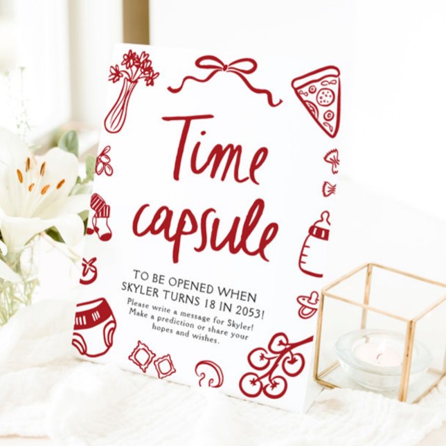 Expositor En L Rótulo de la cápsula de tiempo Baby Shower con man (Italian Hand Drawn Baby Shower Time Capsule Sign)
