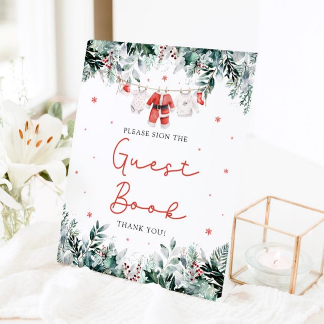 Expositor En L Rótulo de libros de invitados de Santa Baby Shower (Watercolor Red Christmas Santa Baby Shower Guest Book Sign)