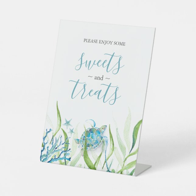 Expositor En L Rótulo de mesa de postre azul y verde de tortuga m (Anverso)