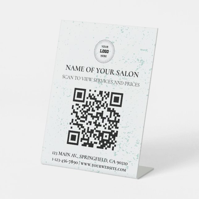 Expositor En L Rótulo de servicios de salón de código QR con micr (Anverso)