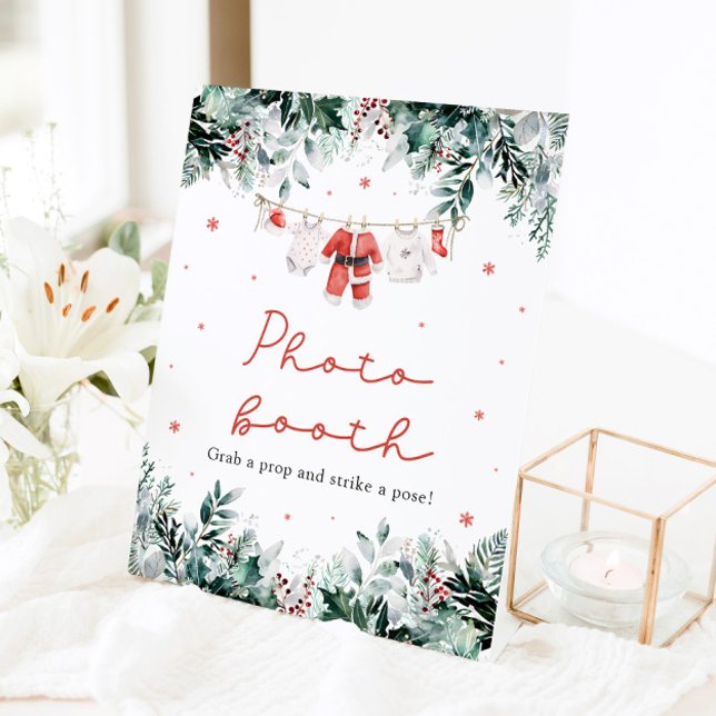 Expositor En L Rótulo del cuerpo fotográfico de los Navidades roj (Watercolor Red Christmas Santa Baby Shower Photo Booth Sign)