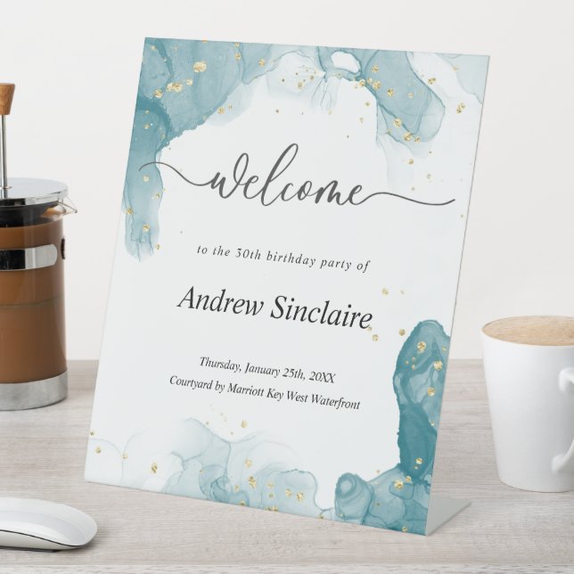 Expositor En L Rótulo Fiesta de bienvenida verde azulada y dorada (In Situ)