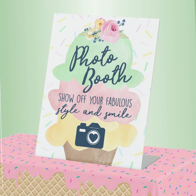 Expositor En L Rótulo Pedestal (Photo Booth Watercolor Ice Cream Bridal Shower or Baby Shower Pedestal Table Sign)