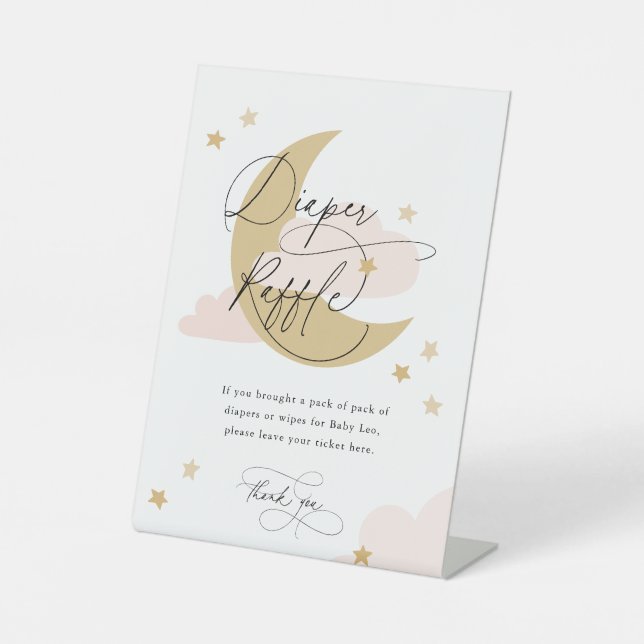 Expositor En L Rótulo rosado del pañal de la luna y las estrellas (Anverso)