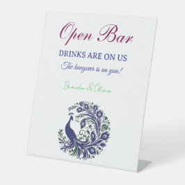 Expositor En L Royal Blue Peacock Wedding Open Bar Pedestal Sign