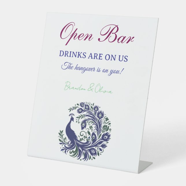 Expositor En L Royal Blue Peacock Wedding Open Bar Pedestal Sign (Anverso)
