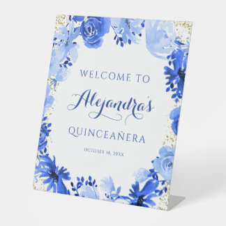 Expositor En L Royal Blue Watercolor Floral Gold Quinceanera