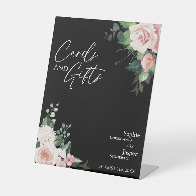 Expositor En L Rubor Floral Black Wedding Cards and Gifts Rótulo (Anverso)