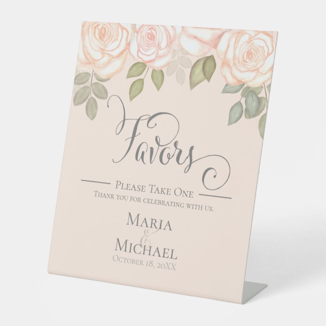 Expositor En L Rubor Flores rosas caligrafía favores de matrimoni (Anverso)