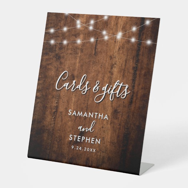 Expositor En L Rustic String Lights & Wood Wedding Cards & Gifts (Anverso)