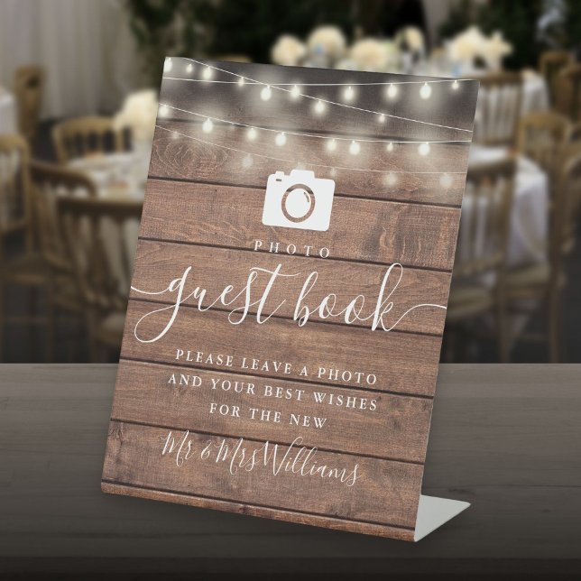 Expositor En L Rustic Wood String Lights Photo Guest Book (Rustic Wood String Lights Photo Guest Book Pedestal Sign)