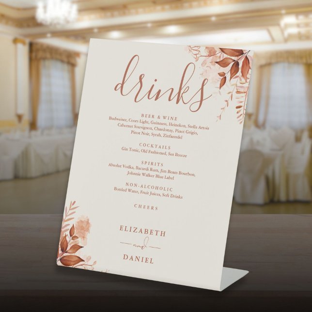Expositor En L Rústica vegetación Menú de bebidas de casamiento d (Rustic Greenery Fall Wedding Drinks Menu Pedestal Sign)