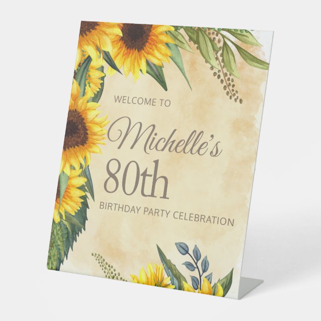 Expositor En L Rústico girasoles amarillos 80 cumpleaños (Anverso)