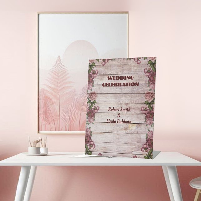 Expositor En L Rústico Rosas de Woodland Fiesta de matrimonio flo (Rustic Woodland Roses Floral Country Wedding Party Pedestal Sign)