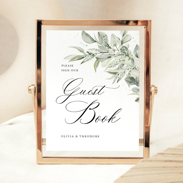 Expositor En L Sage Green Botanical Guest Book Wedding Table (Sage green botanical wedding guest book sign, elegant calligraphy table decor, classic stationery)