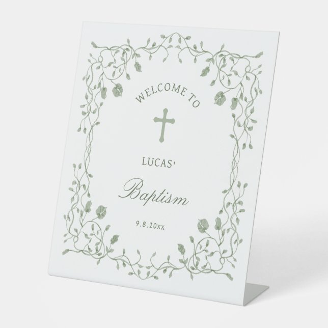 Expositor En L Sage Green Foliage Frame Baptism Welcome (Anverso)