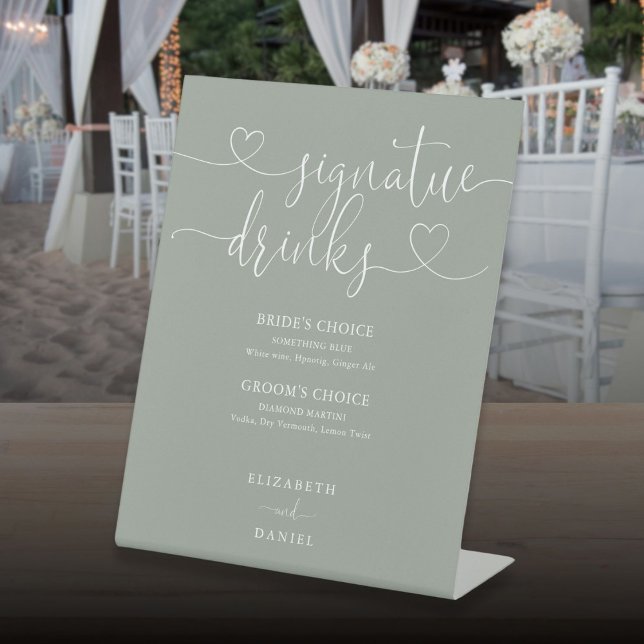 Expositor En L Sage Green Heart Script Boda Firma Bebidas (Sage Green Heart Script Wedding Signature Drinks Pedestal Sign)