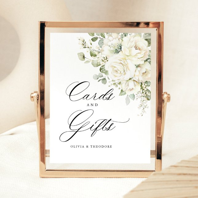 Expositor En L Sage Green White Floral Cards & Gifts Table (Wedding cards and gifts sign, sage green white floral watercolor, elegant reception pedestal sign)