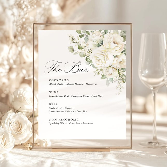 Expositor En L Sage Green White Floral Elegant Wedding Bar Menu (Sage green white floral wedding bar menu sign, watercolor greenery, elegant reception bar signage)