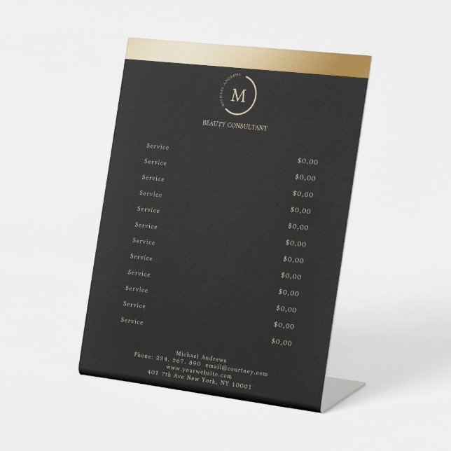 Expositor En L Salon Black Gold Stripe Monogramm Circle (Anverso)