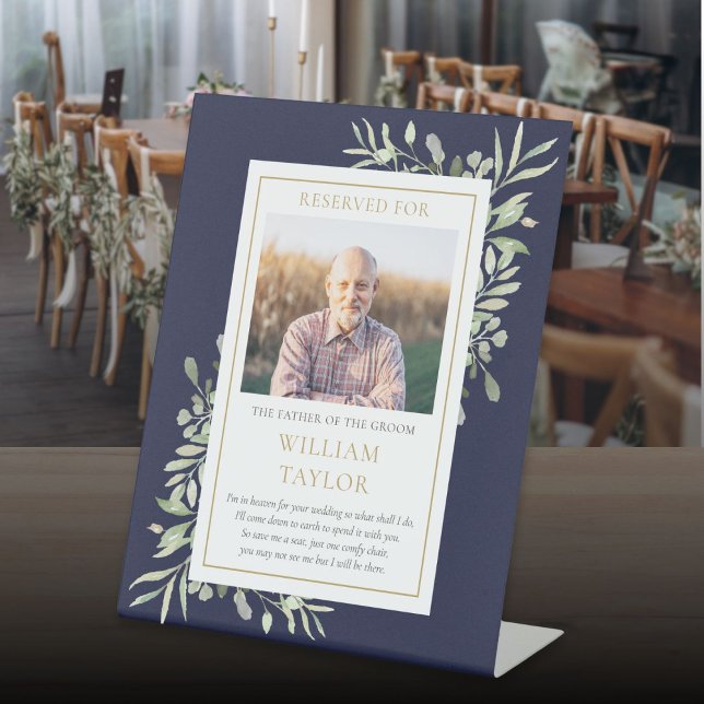 Expositor En L Salvar un asiento Padre De Groom Foto Boda De Verd (Save A Seat Father Of Groom Photo Greenery Wedding Pedestal Sign)