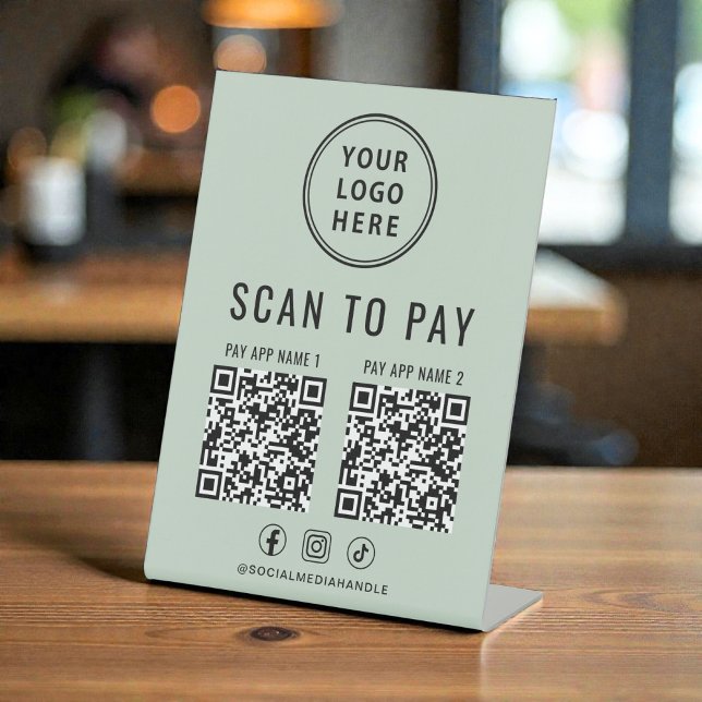 Expositor En L Scan to Pay 2 QR Codes Business Logo Sage Green (Scan to Pay 2 QR Codes Business Logo Sage Green Pedestal Sign)