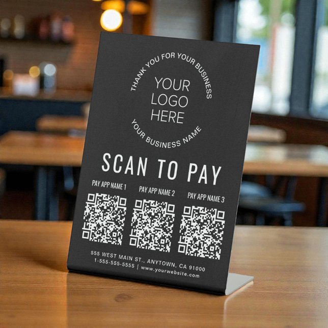 Expositor En L Scan to Pay 3 QR Codes Business Logo Black (Scan to Pay 3 QR Codes Business Logo Black Pedestal Sign)