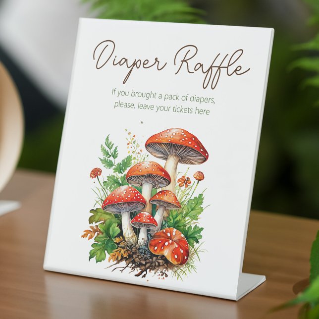 Expositor En L Setas silvestres para bebés ducha de agua rifa (Wild forest mushrooms baby shower diaper raffle pedestal sign personalized table decor)
