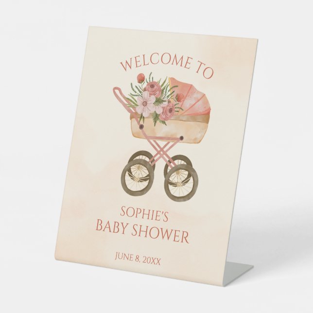 Expositor En L Shabby Baby Carriage Welcome Sign Baby Shower (Anverso)