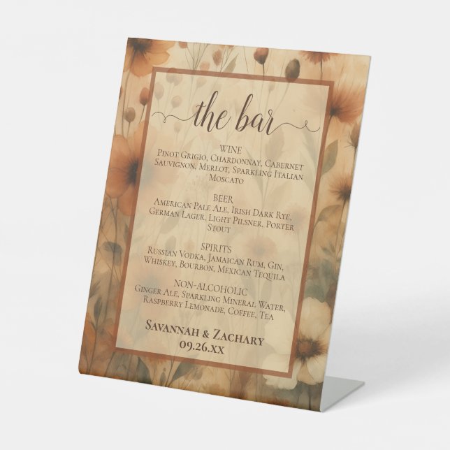 Expositor En L Sienna Boho Wildflowers Wedding Drinks or Bar Menu (Anverso)