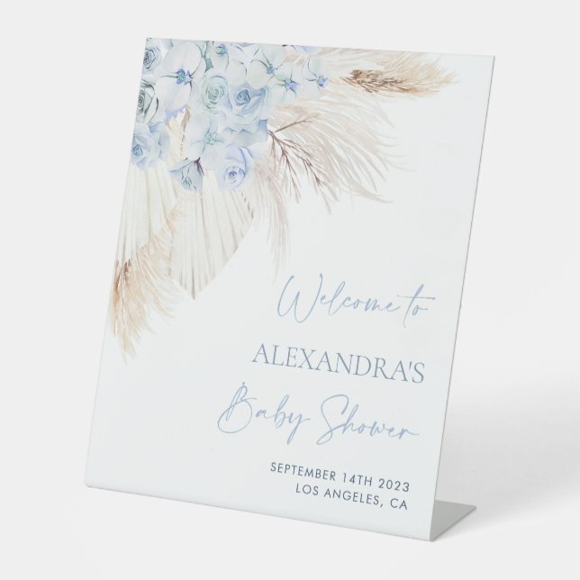 Expositor En L Signo de bienvenida Baby Shower de Blue Pampas Gra (Anverso)