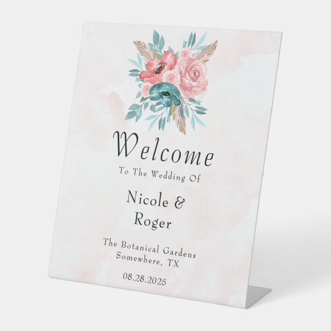 Expositor En L Signo de bienvenida Boda de flores de peonía verde (Anverso)