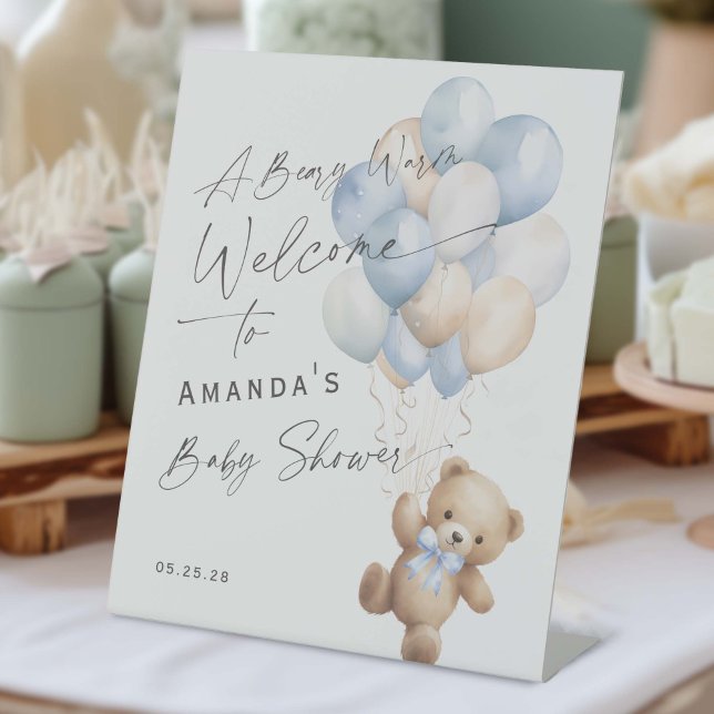 Expositor En L Signo de bienvenida de la ducha moderna (Blue Baby Boy Shower, We Can Bearly Wait Themed Pedestal Welcome Sign.)