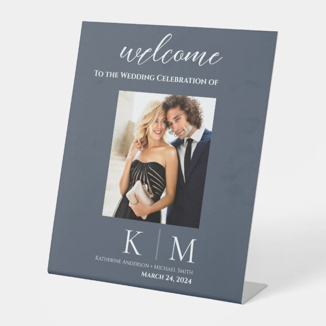 Expositor En L Signo de bienvenida de la foto azul y Boda blanco- (Anverso)