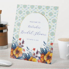 Expositor En L Signo de bienvenida floral de azulejos azules ital