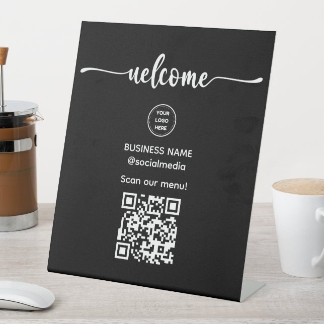 Expositor En L Signo de bienvenida negro con código QR para el Ró (In Situ)