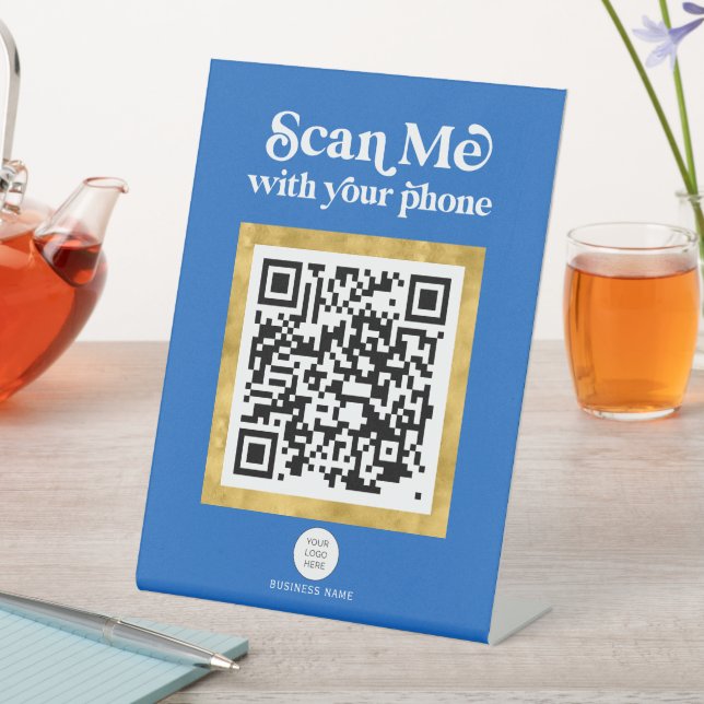 Expositor En L Signo de negocio de código QR azul moderno y elega (In Situ)