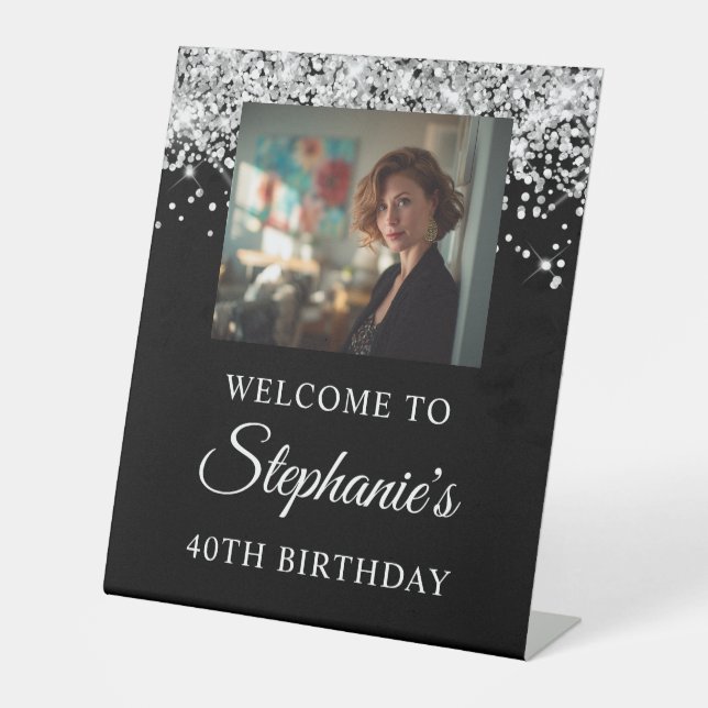 Expositor En L Silver Glitter Black Photo 40th Birthday (Anverso)