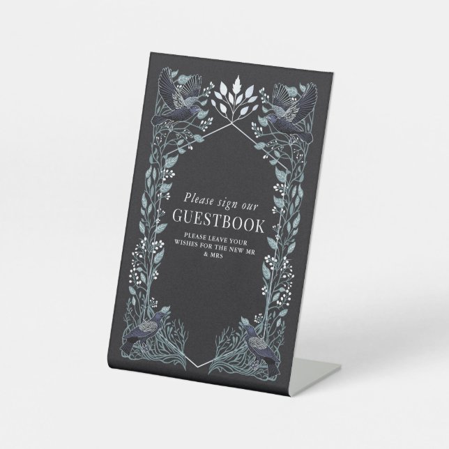 Expositor En L Silver Gothic Raven Wedding Guestbook Sign (Anverso)