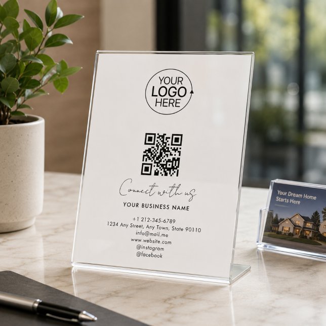 Expositor En L Simple Script Conecta Con Nosotros Logo Código QR  (Simple Script Connect With Us Logo QR Code Promo Pedestal Sign)