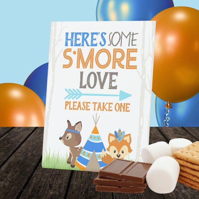 Expositor En L S'more Love Woodland Camper Fiesta (Woodland Forest Animals Smore Love Party Favor Pedestal Sign. Featuring an adorable fox and dear)