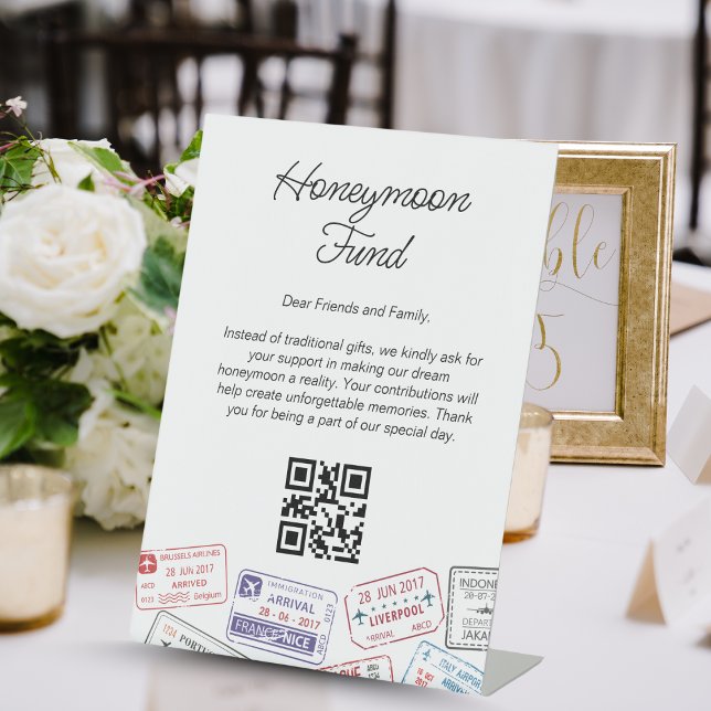 Expositor En L Solicitud de viaje del Registro de Bodas del Fondo (Honeymoon Fund Wedding Registry Travel Request Pedestal Sign)