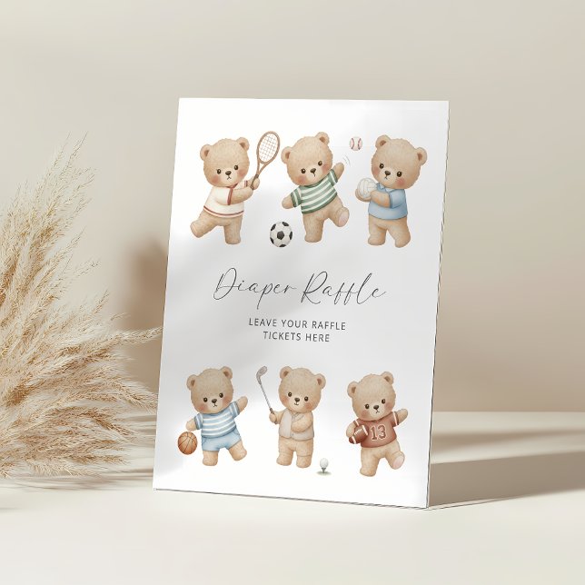 Expositor En L Sports bear baby shower diaper raffle sign (sports bear diaper raffle sign)