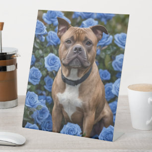 Expositor En L Staffy Marrón En Jardín De Rosas Azules,