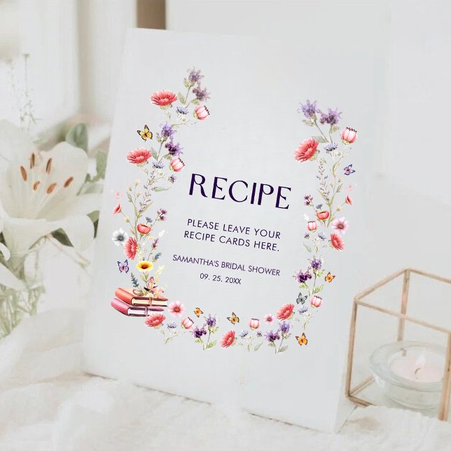 Expositor En L Storybook Wildflower Bridal Shower Recipe (Storybook wildflower bridal shower recipe sign with watercolor florals and boho charm.)